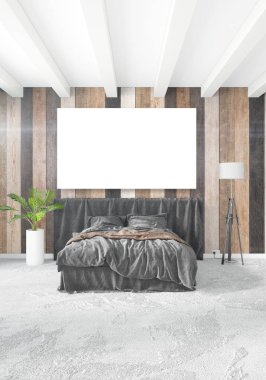 Beyaz yatak odası en az stil iç tasarım ahşap duvar ve gri Kanepeli. 3D render. 3D çizim