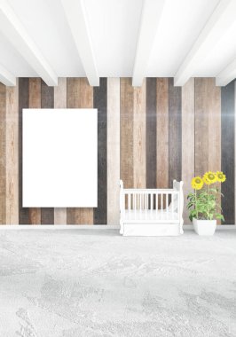 Beyaz yatak odası en az iç tasarım ahşap duvar ve boş bir çerçeve içine boşaltmak. 3D render. 3D çizim