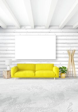En az yatak odası iç tasarım ahşap duvar, sarı kanepe ve boş bir çerçeve içine boşaltmak. 3D render. 3D çizim