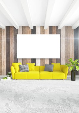 En az yatak odası iç tasarım ahşap duvar, sarı kanepe ve boş bir çerçeve içine boşaltmak. 3D render. 3D çizim