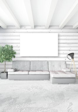 Beyaz yatak odası en az stil iç tasarım ahşap duvar ve gri Kanepeli. 3D render. 3D çizim