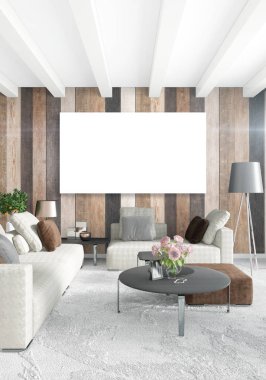 Beyaz yatak odası en az iç tasarım ahşap duvar ve boş bir çerçeve içine boşaltmak. 3D render. 3D çizim