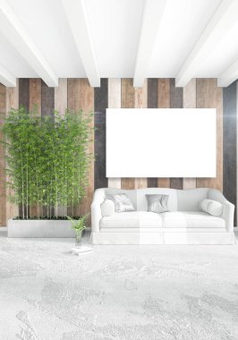 Beyaz yatak odası en az iç tasarım ahşap duvar ve boş bir çerçeve içine boşaltmak. 3D render. 3D çizim