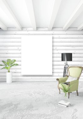 Beyaz yatak odası en az iç tasarım ahşap duvar ve boş bir çerçeve içine boşaltmak. 3D render. 3D çizim