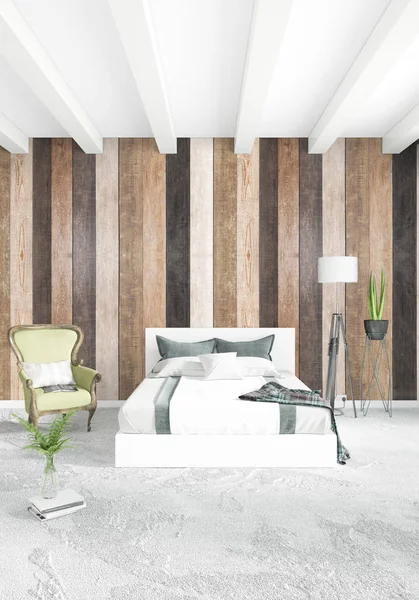 Kamar tidur putih desain interior minimal dengan dinding kayu. Perilisan 3D. Ilustrasi 3D — Stok Foto