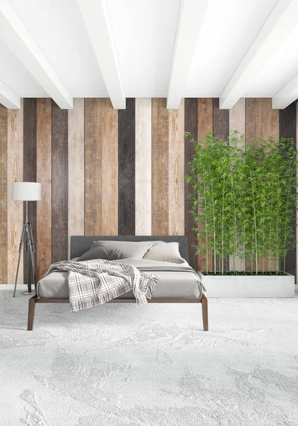 Beyaz yatak odası en az stil iç tasarım ahşap duvar ve gri Kanepeli. 3D render. 3D çizim