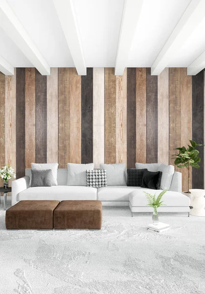 백색 침실 최소한의 스타일 인테리어 나무 벽. 3d 렌더링입니다. 3 차원 일러스트 레이 션 — 스톡 사진