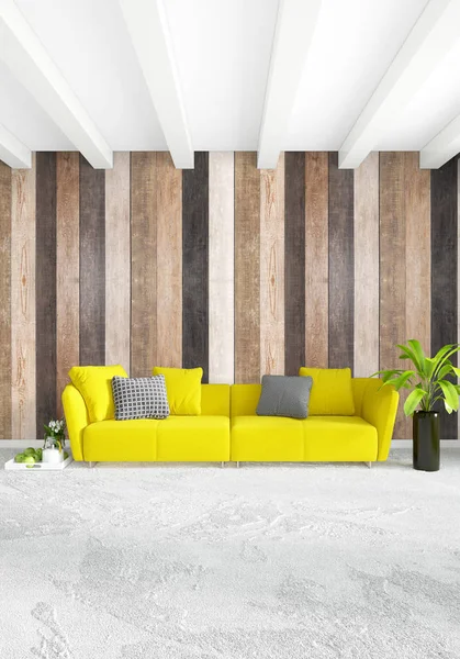 Minimale Schlafzimmer Innenarchitektur Holzwand, gelbes Sofa und Copyspace in einen leeren Rahmen. 3D-Darstellung. 3D-Illustration — Stockfoto