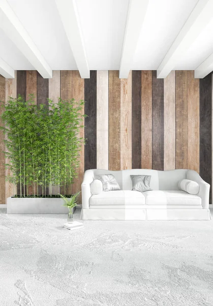 Beyaz yatak odası en az stil iç tasarım ahşap duvar ile. 3D render. 3D çizim