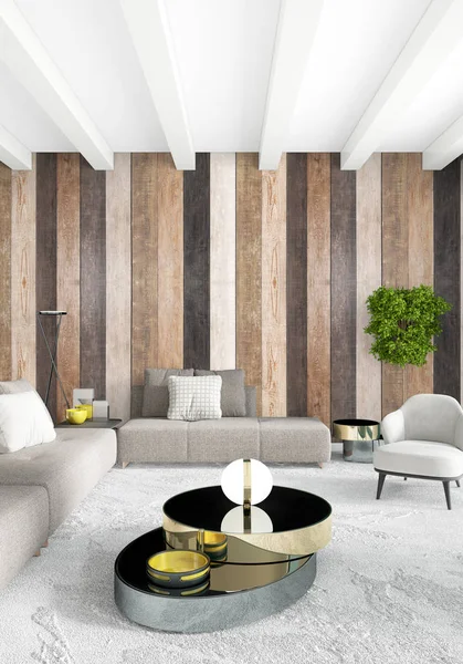 Beyaz yatak odası en az stil iç tasarım ahşap duvar ile. 3D render. 3D çizim