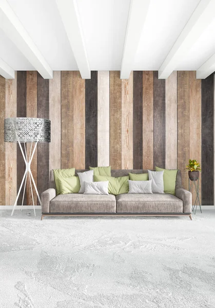 Beyaz yatak odası en az stil iç tasarım ahşap duvar ile. 3D render. 3D çizim