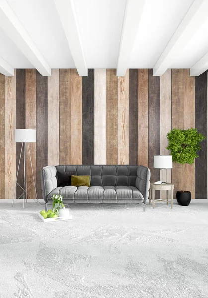 Beyaz yatak odası en az stil iç tasarım ahşap duvar ile. 3D render. 3D çizim