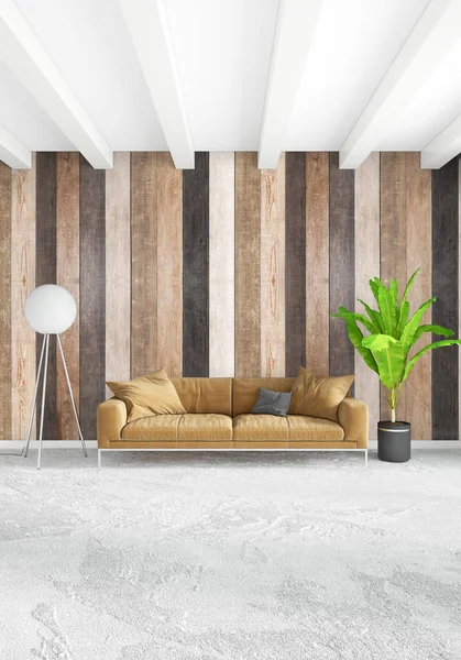 Beyaz yatak odası en az stil iç tasarım ahşap duvar ile. 3D render. 3D çizim