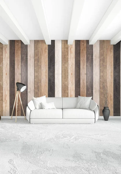 Beyaz yatak odası en az stil iç tasarım ahşap duvar ile. 3D render. 3D çizim