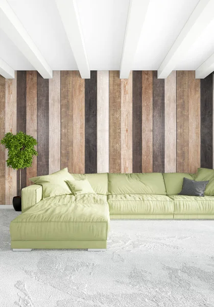 Beyaz yatak odası en az stil iç tasarım ahşap duvar ile. 3D render. 3D çizim