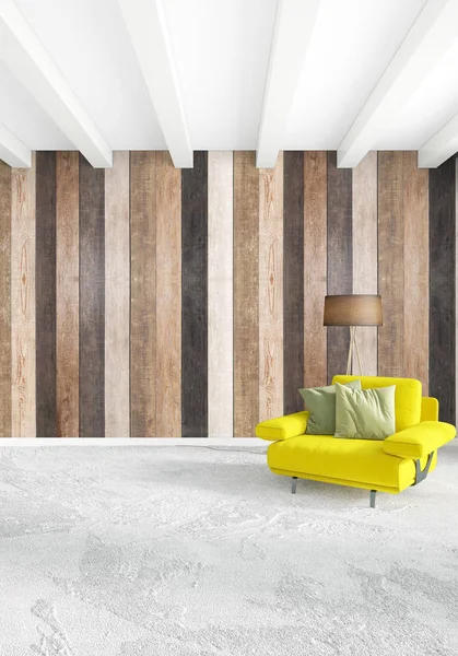 En az yatak odası iç tasarım ahşap duvar, sarı kanepe ve boş bir çerçeve içine boşaltmak. 3D render. 3D çizim