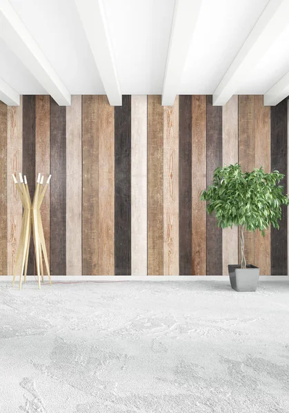 Beyaz yatak odası en az stil iç tasarım ahşap duvar ile. 3D render. 3D çizim