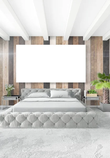 Beyaz yatak odası en az stil iç tasarım ahşap duvar ve gri Kanepeli. 3D render. 3D çizim