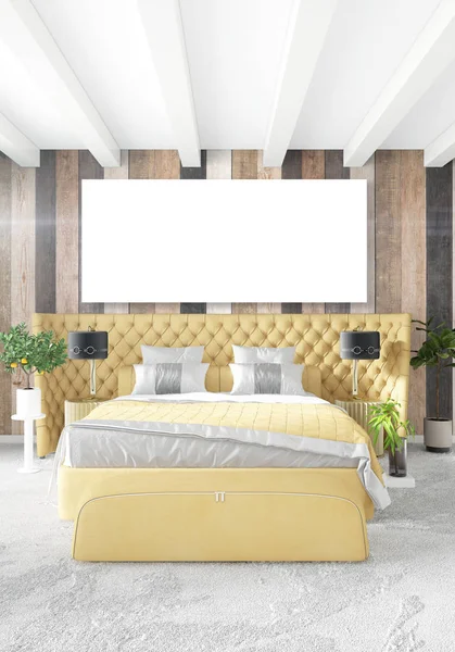 En az yatak odası iç tasarım ahşap duvar, sarı kanepe ve boş bir çerçeve içine boşaltmak. 3D render. 3D çizim