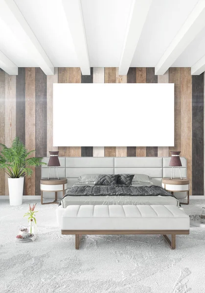 Beyaz yatak odası en az stil iç tasarım ahşap duvar ve gri Kanepeli. 3D render. 3D çizim