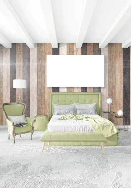 Beyaz yatak odası en az iç tasarım ahşap duvar ve boş bir çerçeve içine boşaltmak. 3D render. 3D çizim
