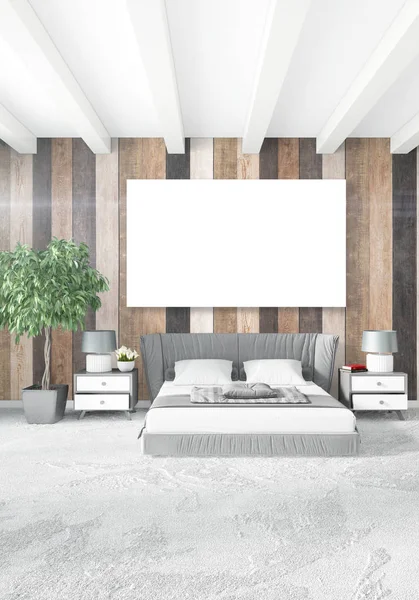 Dormitorio blanco minimalista Diseño interior con pared de madera y copyspace en un marco vacío. Representación 3D. Ilustración 3D — Foto de Stock