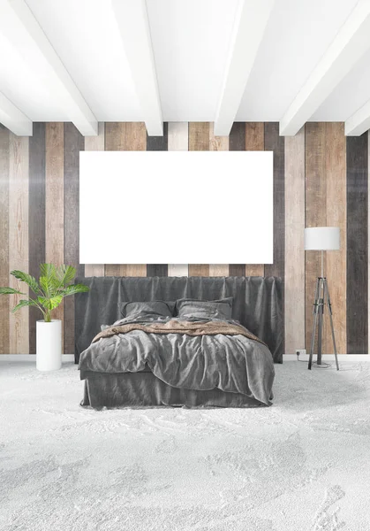 Beyaz yatak odası en az stil iç tasarım ahşap duvar ve gri Kanepeli. 3D render. 3D çizim