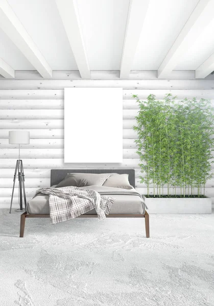 Beyaz yatak odası en az stil iç tasarım ahşap duvar ve gri Kanepeli. 3D render. 3D çizim