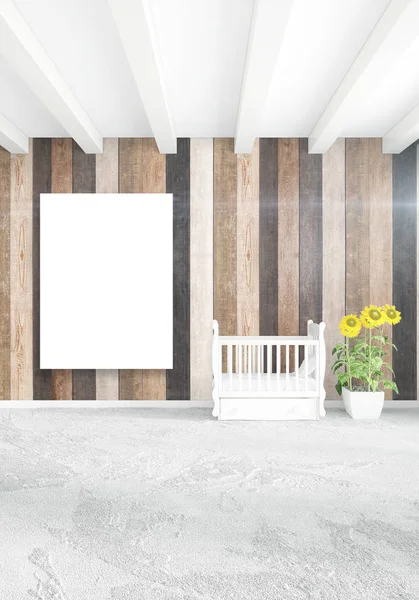 Beyaz yatak odası en az iç tasarım ahşap duvar ve boş bir çerçeve içine boşaltmak. 3D render. 3D çizim