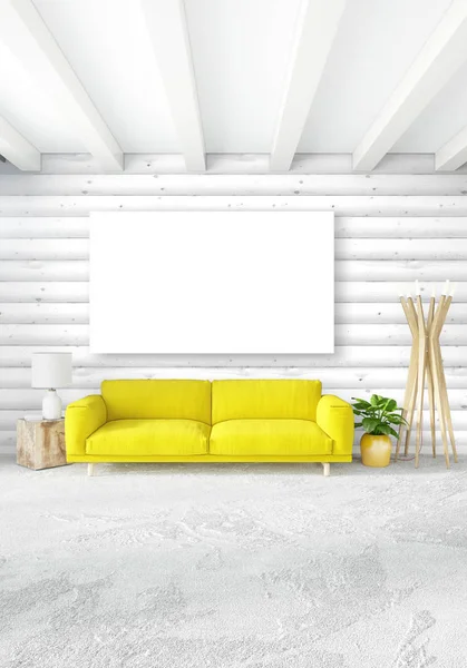 En az yatak odası iç tasarım ahşap duvar, sarı kanepe ve boş bir çerçeve içine boşaltmak. 3D render. 3D çizim
