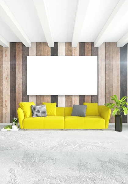 En az yatak odası iç tasarım ahşap duvar, sarı kanepe ve boş bir çerçeve içine boşaltmak. 3D render. 3D çizim