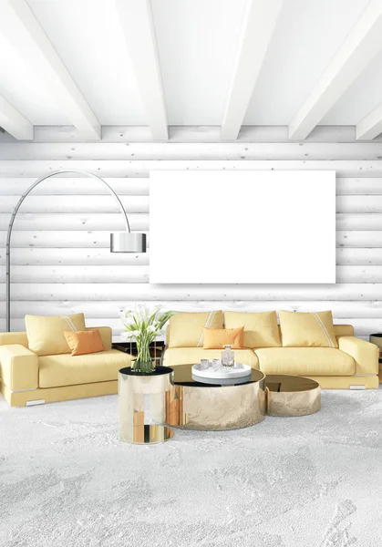 En az yatak odası iç tasarım ahşap duvar, sarı kanepe ve boş bir çerçeve içine boşaltmak. 3D render. 3D çizim