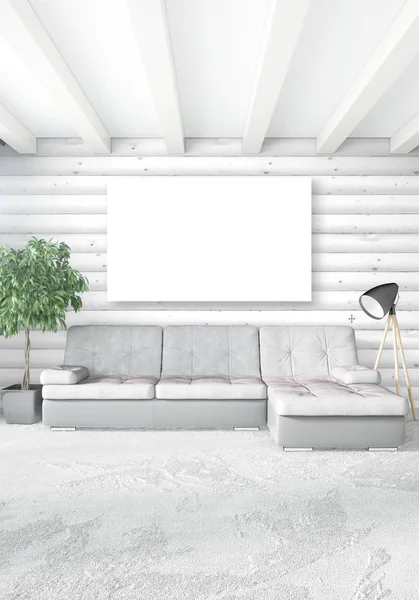 Beyaz yatak odası en az stil iç tasarım ahşap duvar ve gri Kanepeli. 3D render. 3D çizim