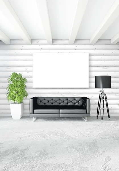 Dormitorio blanco de estilo minimalista Diseño interior con pared de madera y sofá oscuro. Representación 3D. Ilustración 3D — Foto de Stock