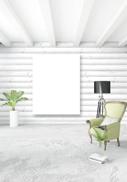 Beyaz yatak odası en az iç tasarım ahşap duvar ve boş bir çerçeve içine boşaltmak. 3D render. 3D çizim