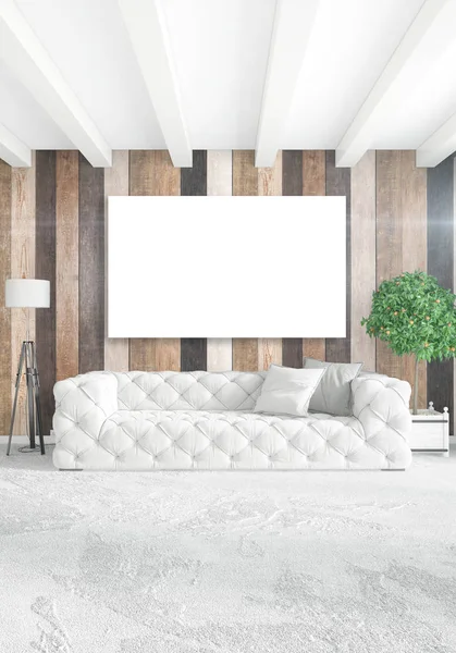Vita sovrum minimal inredning med trä vägg och copyspace till en tom ram. 3D-rendering. 3D illustration — Stockfoto