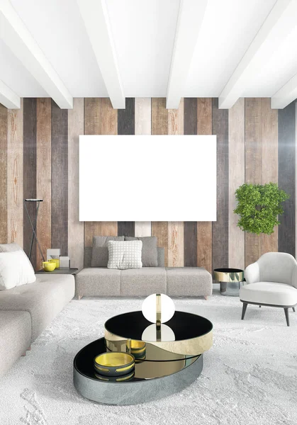 Beyaz yatak odası en az iç tasarım ahşap duvar ve boş bir çerçeve içine boşaltmak. 3D render. 3D çizim