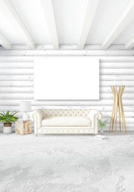 Beyaz yatak odası en az iç tasarım ahşap duvar ve boş bir çerçeve içine boşaltmak. 3D render. 3D çizim