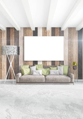 Beyaz yatak odası en az iç tasarım ahşap duvar ve boş bir çerçeve içine boşaltmak. 3D render. 3D çizim