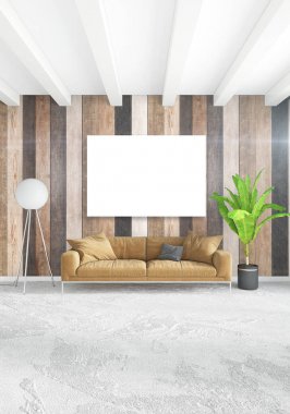 Beyaz yatak odası en az stil iç tasarım ahşap duvar ve karanlık Kanepeli. 3D render. 3D çizim