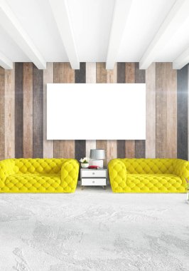 En az yatak odası iç tasarım ahşap duvar, sarı kanepe ve boş bir çerçeve içine boşaltmak. 3D render. 3D çizim