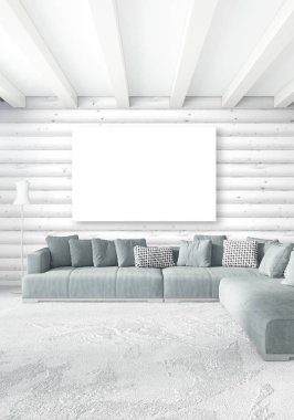 Beyaz yatak odası en az stil iç tasarım ahşap duvar ve gri Kanepeli. 3D render. 3D çizim
