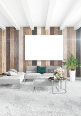 Beyaz yatak odası en az iç tasarım ahşap duvar ve boş bir çerçeve içine boşaltmak. 3D render. 3D çizim