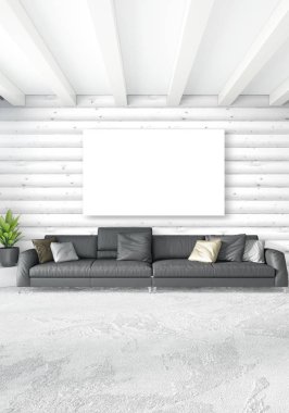 Beyaz yatak odası en az stil iç tasarım ahşap duvar ve karanlık Kanepeli. 3D render. 3D çizim