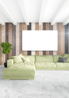 Beyaz yatak odası en az iç tasarım ahşap duvar ve boş bir çerçeve içine boşaltmak. 3D render. 3D çizim