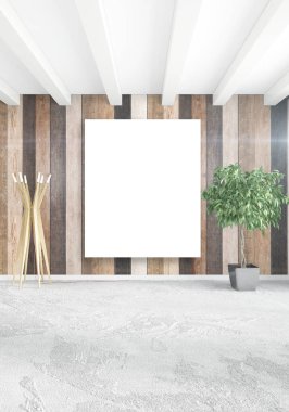 Beyaz yatak odası en az iç tasarım ahşap duvar ve boş bir çerçeve içine boşaltmak. 3D render. 3D çizim
