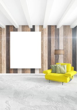 En az yatak odası iç tasarım ahşap duvar, sarı kanepe ve boş bir çerçeve içine boşaltmak. 3D render. 3D çizim