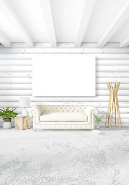 Beyaz yatak odası en az iç tasarım ahşap duvar ve boş bir çerçeve içine boşaltmak. 3D render. 3D çizim