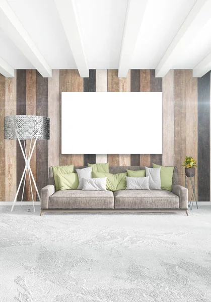 Beyaz yatak odası en az iç tasarım ahşap duvar ve boş bir çerçeve içine boşaltmak. 3D render. 3D çizim