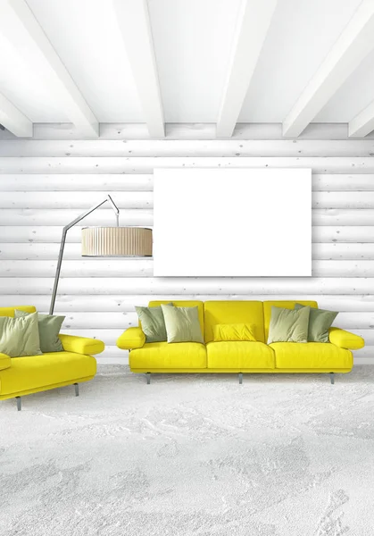 En az yatak odası iç tasarım ahşap duvar, sarı kanepe ve boş bir çerçeve içine boşaltmak. 3D render. 3D çizim